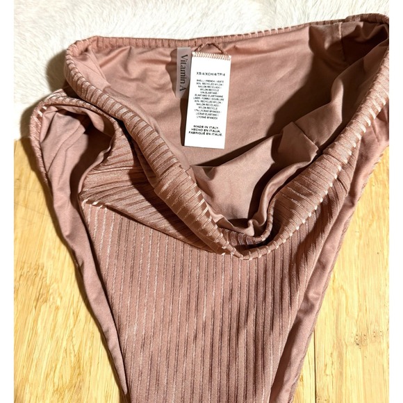 Vitamin A Bikini Bottom Womens Size XS Pink Copper Shiny Striped High Waist Swim - Picture 4 of 5